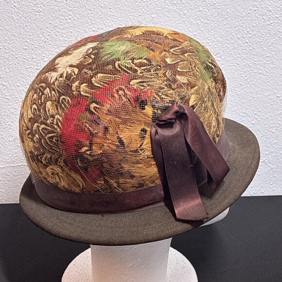 Henry Pollak Velvet Feather Cloche Hat Netting Vintage Womens Size M (ST) main image 4